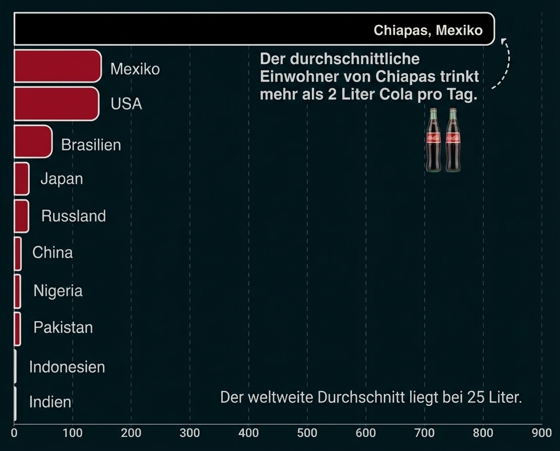 Balkendiagramm zum Cola-Konsum nach Ländern; Mexiko an Spitze, USA und Brasilien folgen; Hinweis: Chiapas >2 Liter pro Tag.